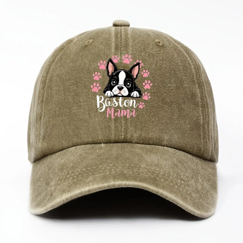 Boston Terrier Pink Paw Print Women's Baseball Cap, All-Season, Women's Fashion Animal Print Outdoor Casual Headwear, Suitable f