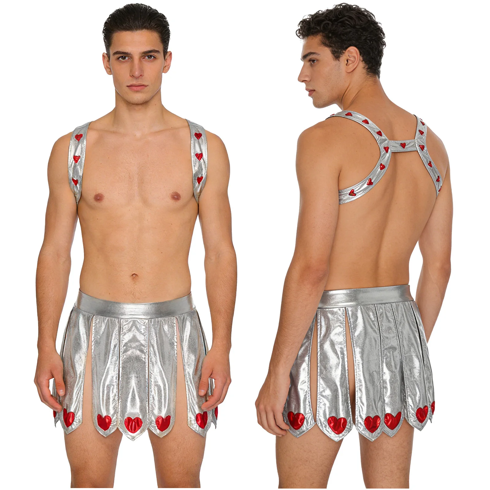 Men Cupid Costume Halloween Carnival Valentine God of Love Cosplay Clothes Metallic Shiny Heart Decor Chest Harness Slit Skirt