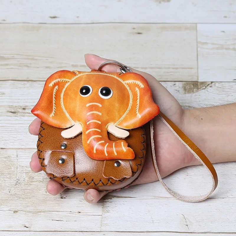 

Top Layer Cowhide Creative Cartoon Elephant Zero Wallet Car Key Bag Children's Tree Cream Leather Elephant Gift