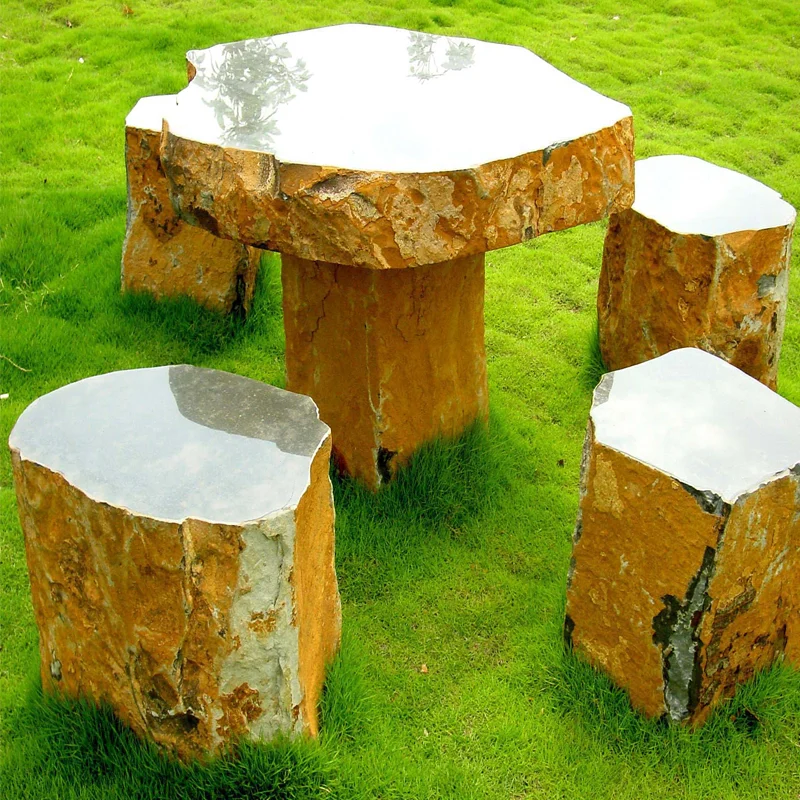 

Natural Shape Hand Carved Outdoor Garden Decorative Stone Dining Resting Boulder Basalt Yellow Rusty Table and Stools Chair Set