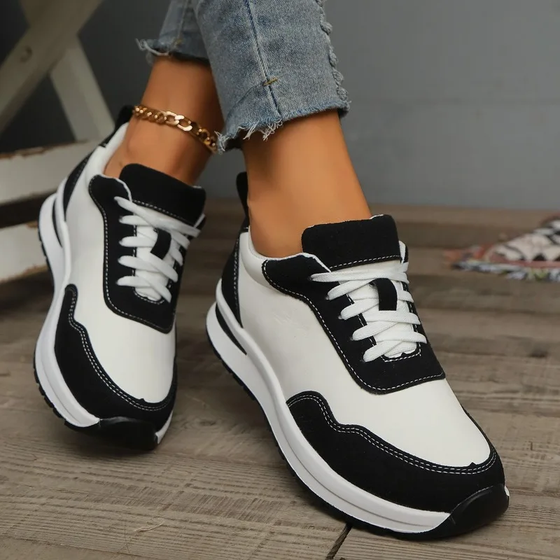 2024 Women's New Autumn Fashion Round Toe Lace-up Womens Sports Shoes Casual Thick-soled Walking Sports Women's Vulcanized Shoes