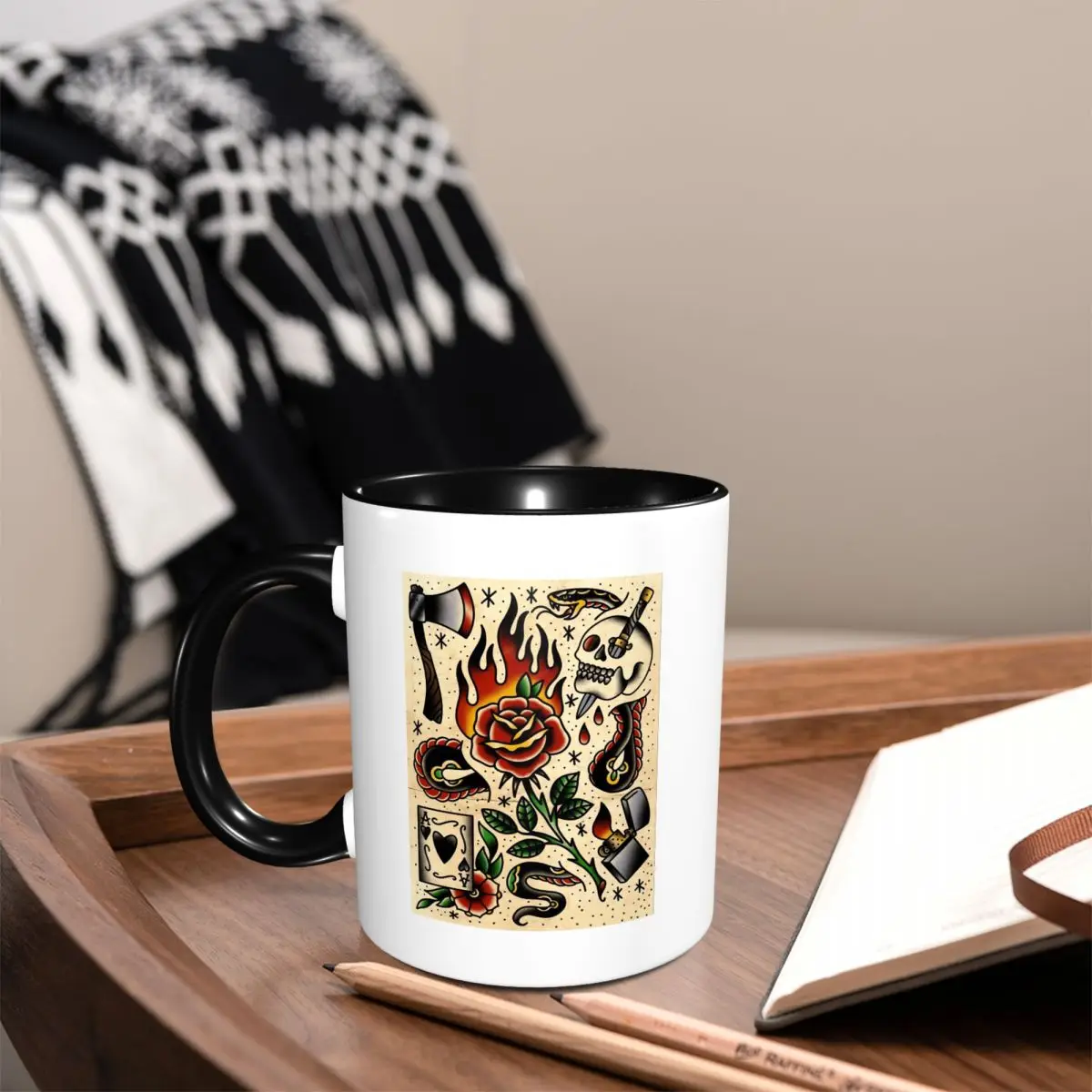 American Traditional Flash Pattern Tattoo Mug Funny Ceramic Coffee Cups Tea Mugs Milk Cup Drinkware Gift for Woman Man