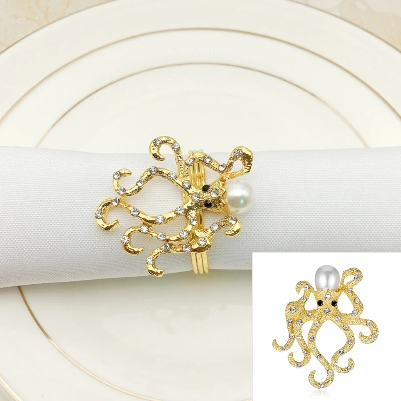 

6pcs Octopus Napkin Ring with Pearl Set Napkin Buckle for Wedding Banquet Holiday Family Gathering Home Christmas Decor