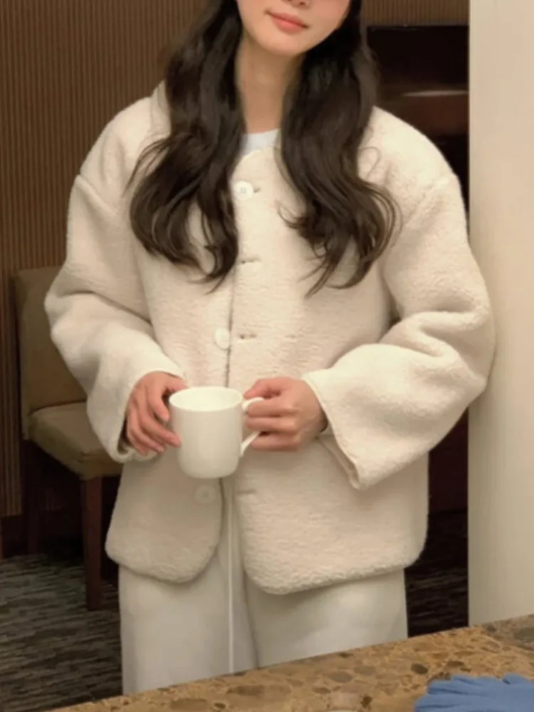 Cappotto invernale in pelliccia di agnello elegante e caldo da donna con bottone singolo in pelle e pelliccia con colletto alla coreana ort Casual Sle