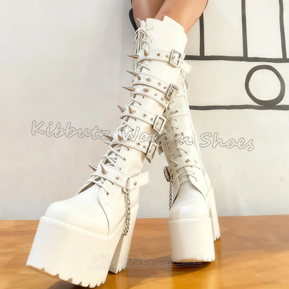 Rivets Platform Boots Knee High Leather Gothic Punk Rock Novelty Sexy Elegant Concise Fashion Spicy Girls Shoes Round Toe Heels