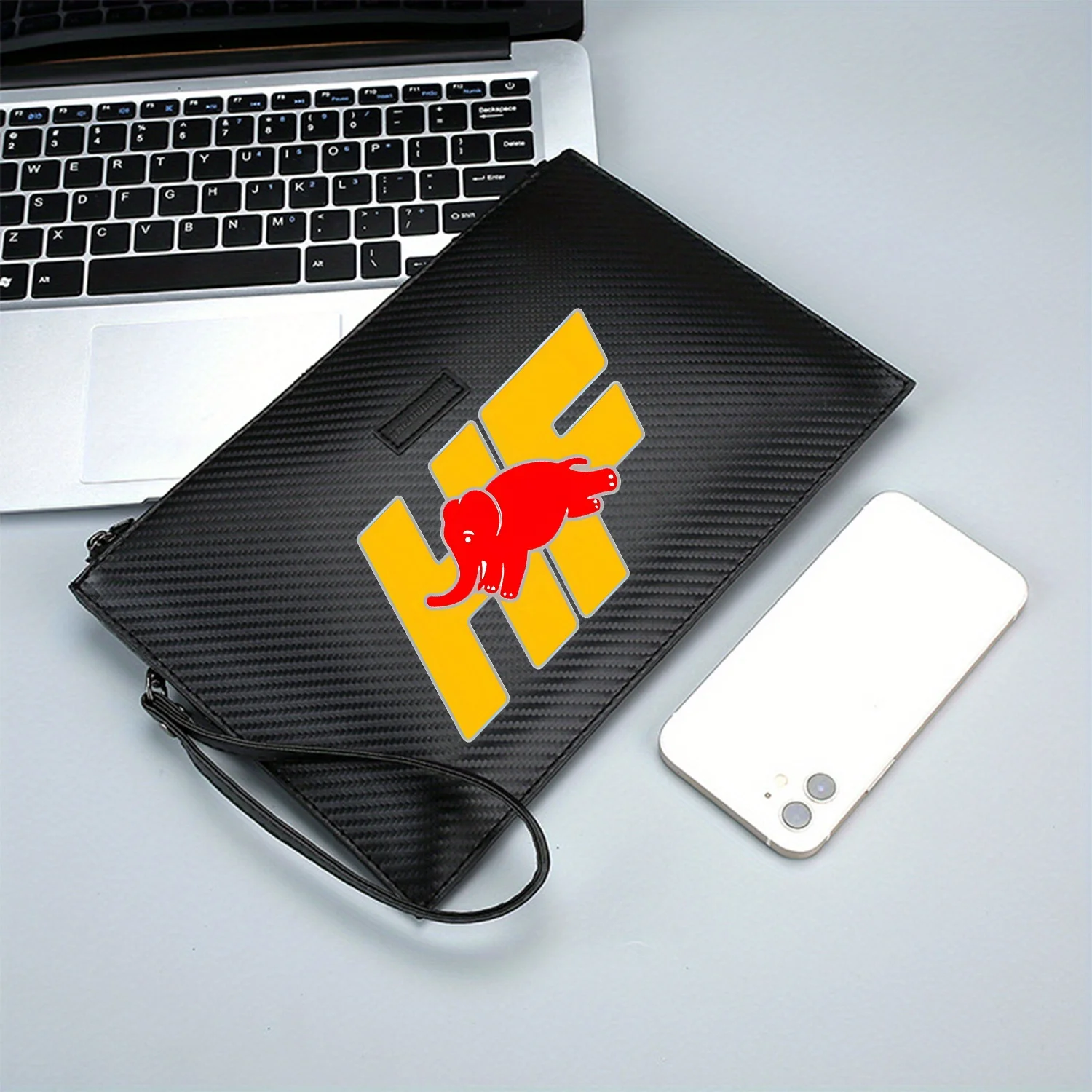 شعار الفيل الأحمر بأحرف صفراء أنيقة مطبوعة من البولي يوريثان حقيبة يد رجالية عصرية وعملية للحمل اليومي