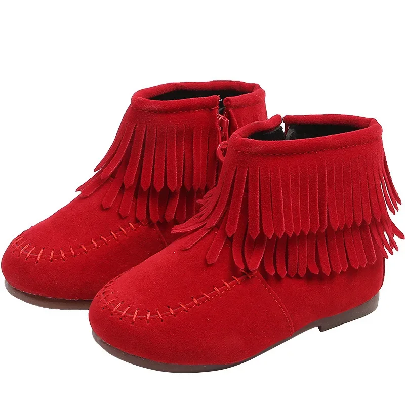 Fringes Girls Ankle Boots Princess Sweet Red Pink Black Flock Fabric Warm Rubber Boots For Toddler Kids Cotton-padded Tassels