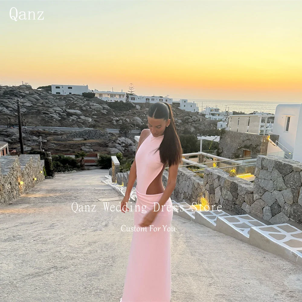 

Qanz Pink Satin Evening Dresses Mermaid Sleeveless Vestidos De Fiesta Sexy Backless Elegant Dresses For Special Event Customized