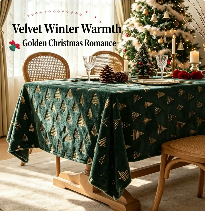Luxury Long Plush Christmas Tablecloth, Gold Foil Snowflake & Antler Rectangular Table Cover for Home Decoration, Party & Dinner