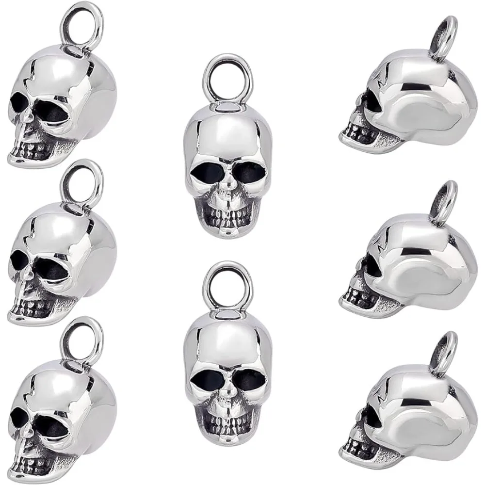 

8pcs Antique Silver Skull Pendants 20mm Stainless Steel Skull Head Pendants Charms Retro Skull Style Large Hole Dangle Necklace