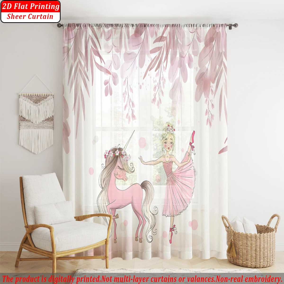 Ballet Girl Pink Unicorn Pink leaves Flat Printing Sheer Curtain，Light Fabric，for Living Room Bedroom Home Door and Window Decor