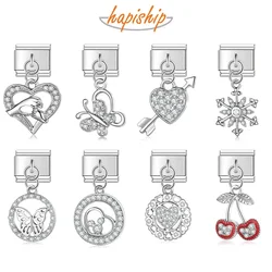 Hapiship Fashion New Romantic Heart Cherry Shiny CZ Italian Charm Link Fit 9mm Bracelet Stainless Steel Making DIY Jewelry DJ605