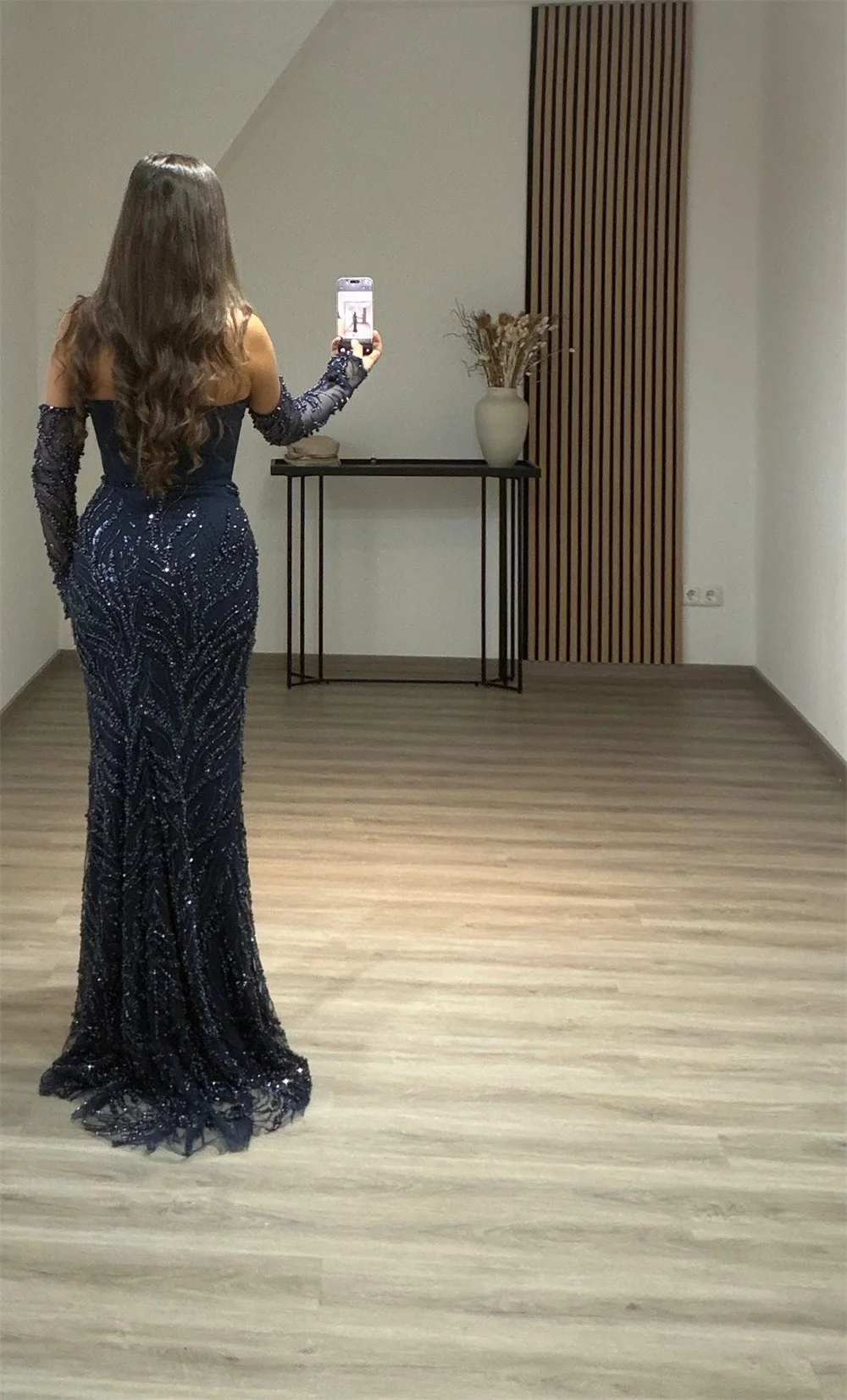 Cathy Customized Navy Blue Exquisite Lace Prom Dress Detachable Sleeves Mermaid vestidos de noiva Floor-length Evening Dresses