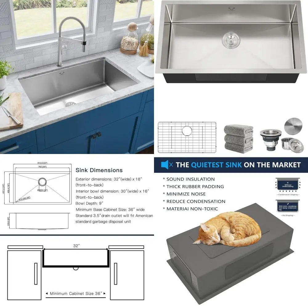 طقم حوض مطبخ من الفولاذ المقاوم للصدأ مقاس 32 × 18 بوصة مع شبكة سفلية وإكسسوارات إضافية