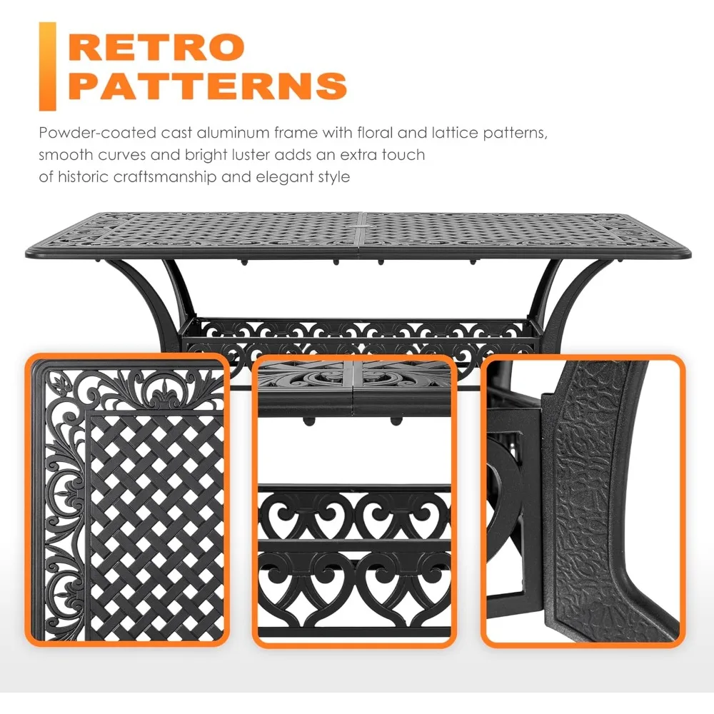 60-дюймовый уличный обеденный стол с отверстием для зонта 2,09 дюйма, индивидуальный литой алюминиевый уличный стол для патио, прямоугольная обеденная футболка на 6–8 человек