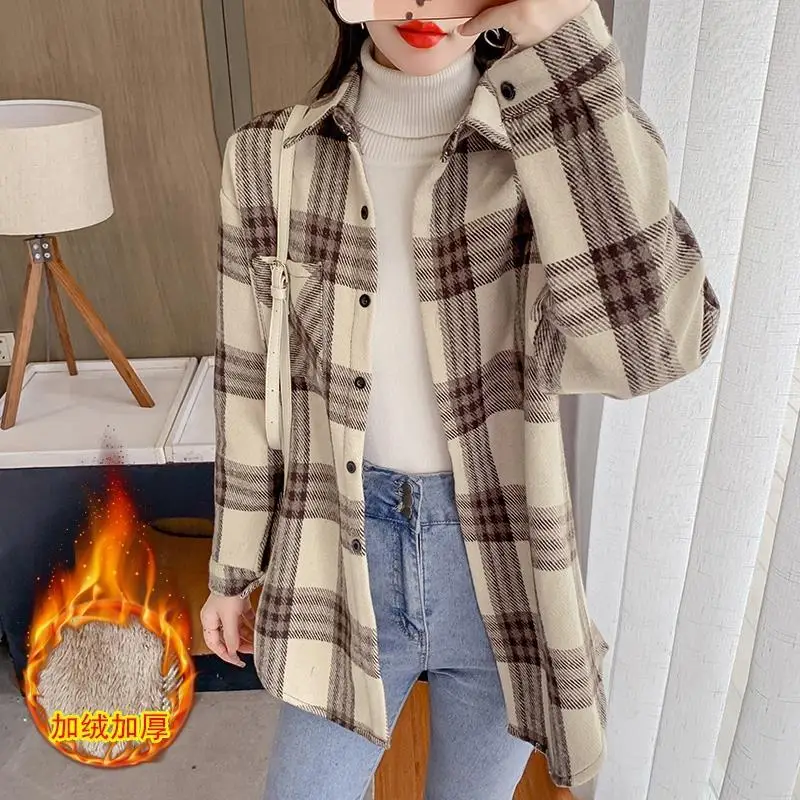 

Long Sleeve Plaid Thick Vintage Blouse Autumn Winter New Polo Neck All-match High Street Shirt Tops Fashion Casual Women Clothes