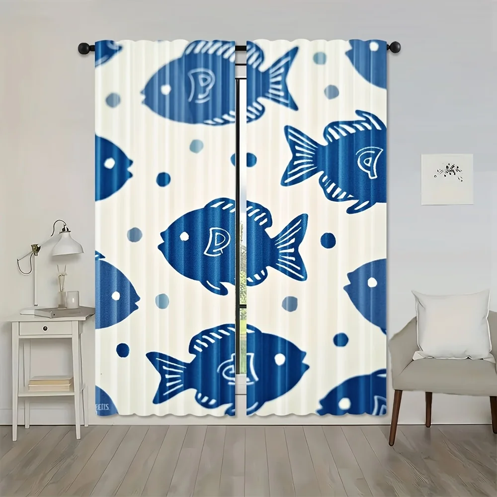 2pcs Whimsical Fish and Dots Polyester Curtains - Semi-Transparent, Light Filtering, Rod Pocket Design, Machine Washable, All-Se
