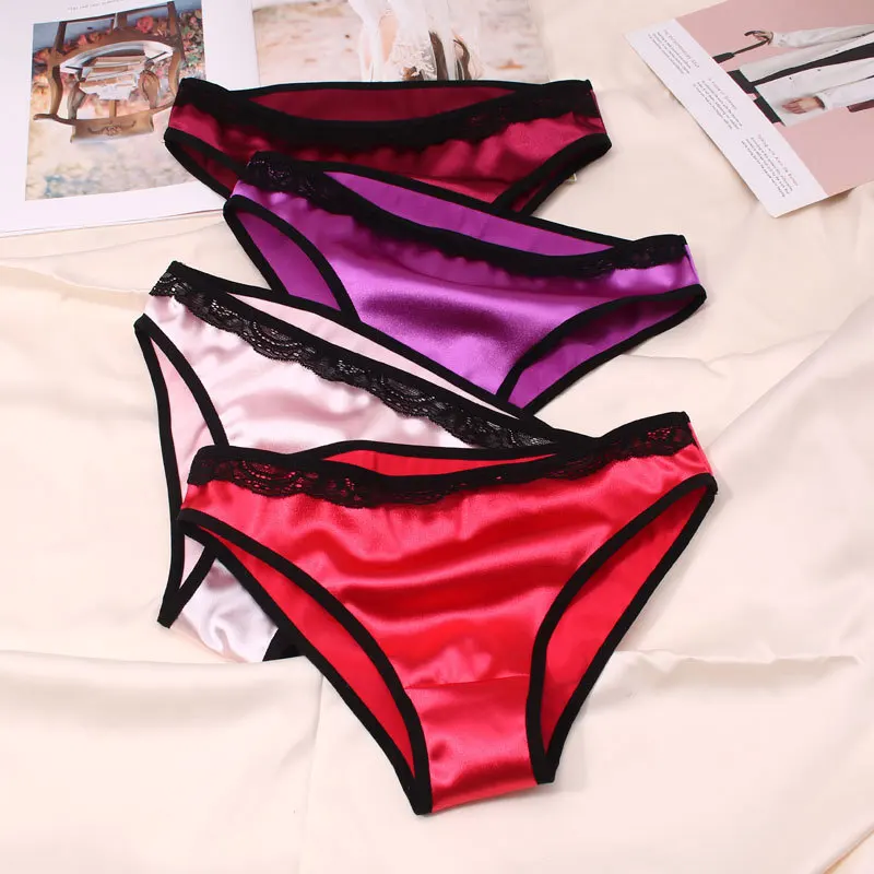 European Size Women Satin Luxury Style Low Waist Panties Lace Solid Smooth Soft Seamless Underwear High Elasticity Cute Breifs - Image 5