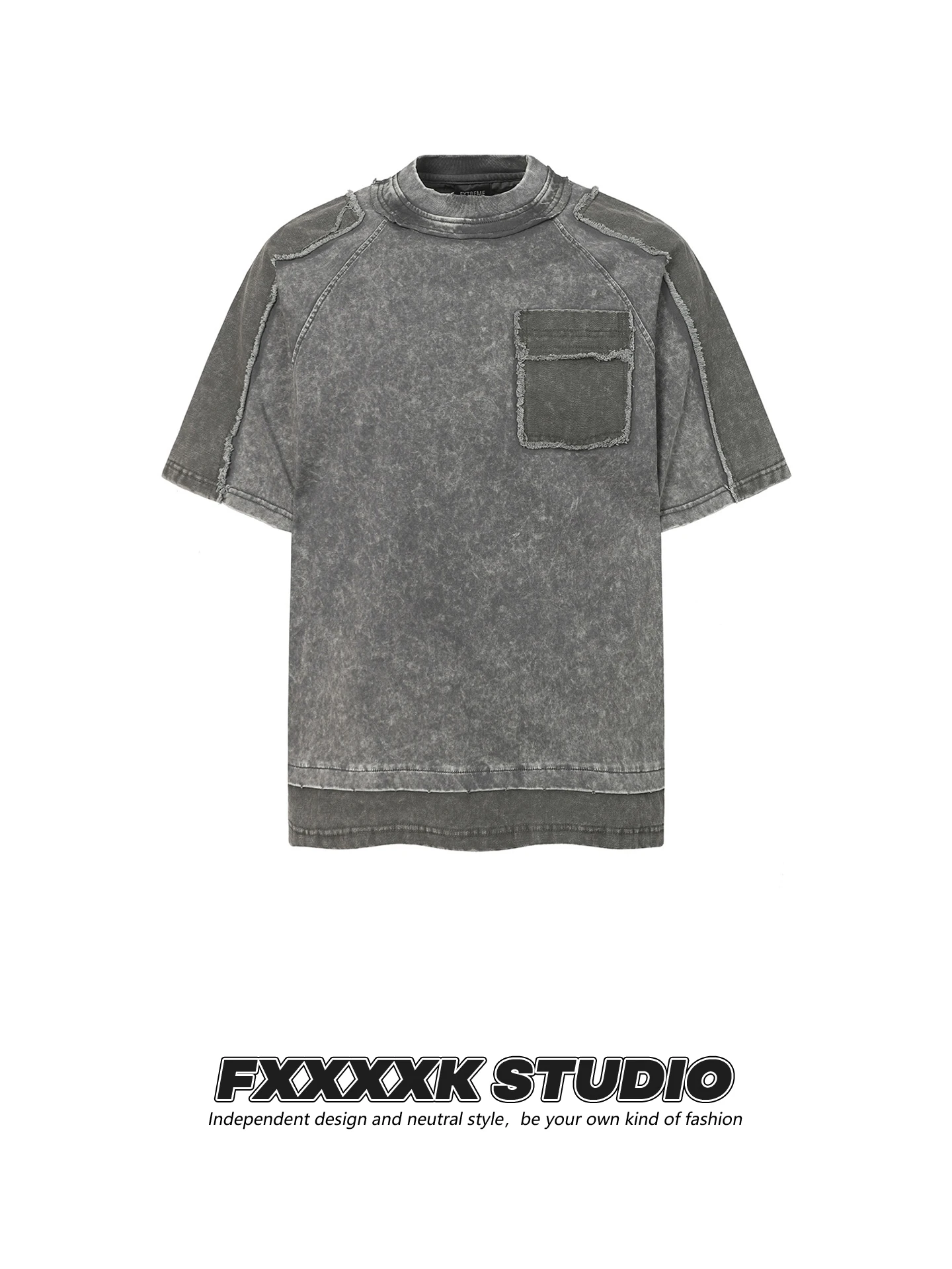 

Оригинальная футболка FXK Heavyweight с эффектом потертости, цветными блоками и дизайнерским подолом, в стиле High Street, из чистого хлопка, с коротким рукавом