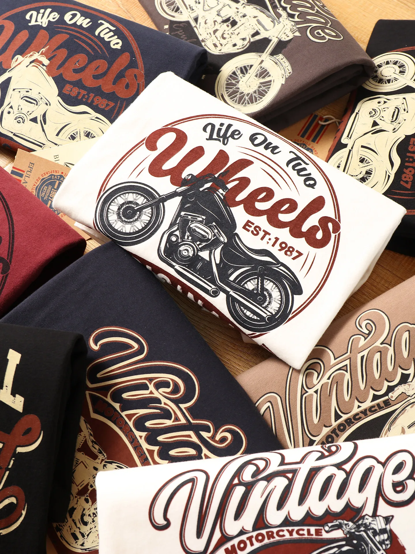 2026 Autumn New American Retro Long-sleeved O-neck Motorcycle Printed T-shirt Men's Fashion 100% Cotton Washed Casual Sport Tops