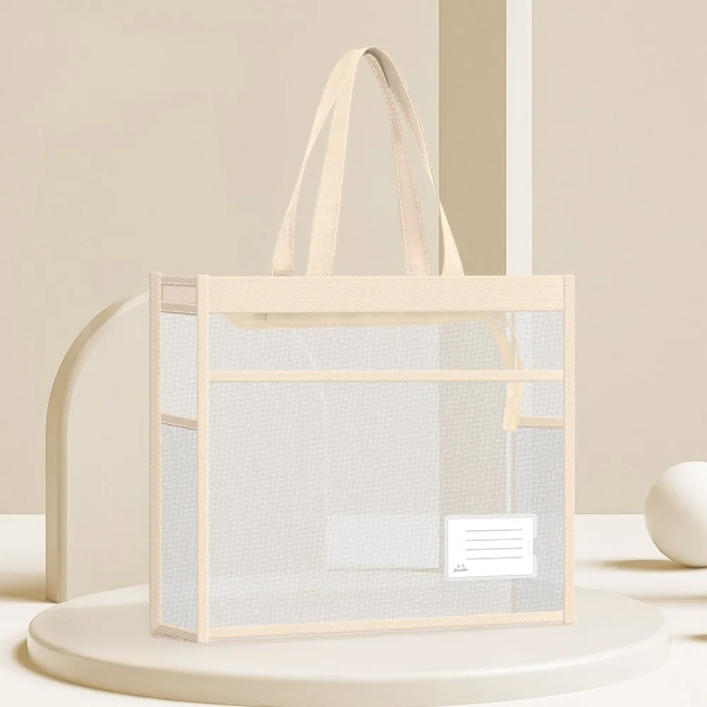 

Commute Students Carry Book Bag Large Capacity Handbag A4 File Bag with Label Card Tote Bag Nylon Netting