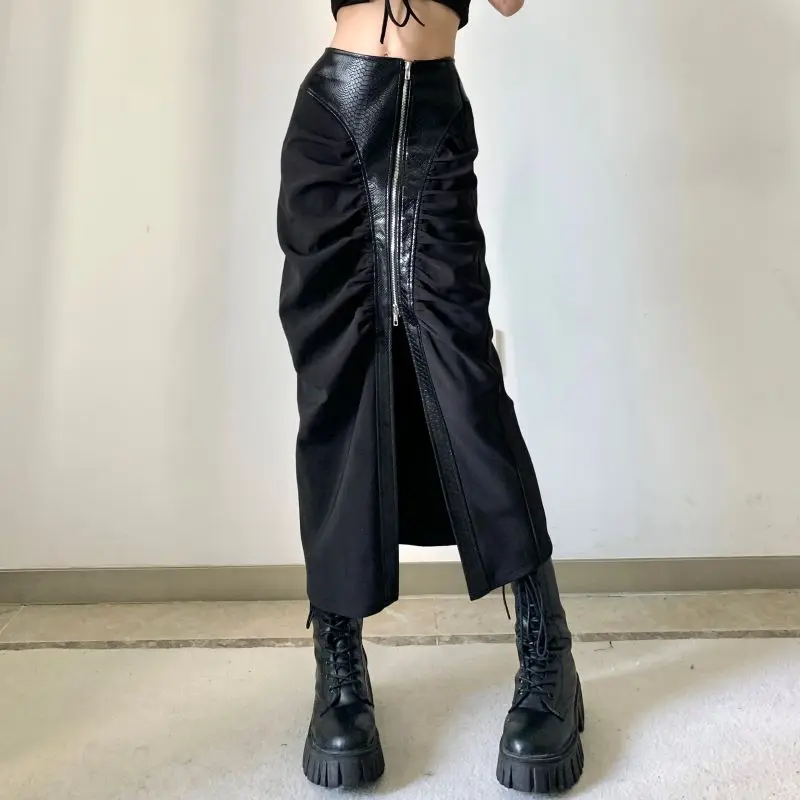 

SuperAen Fashion Pleated PU Zippered Long Skirt for Women High Waist Slim Streetwear Fashion Black Skirt