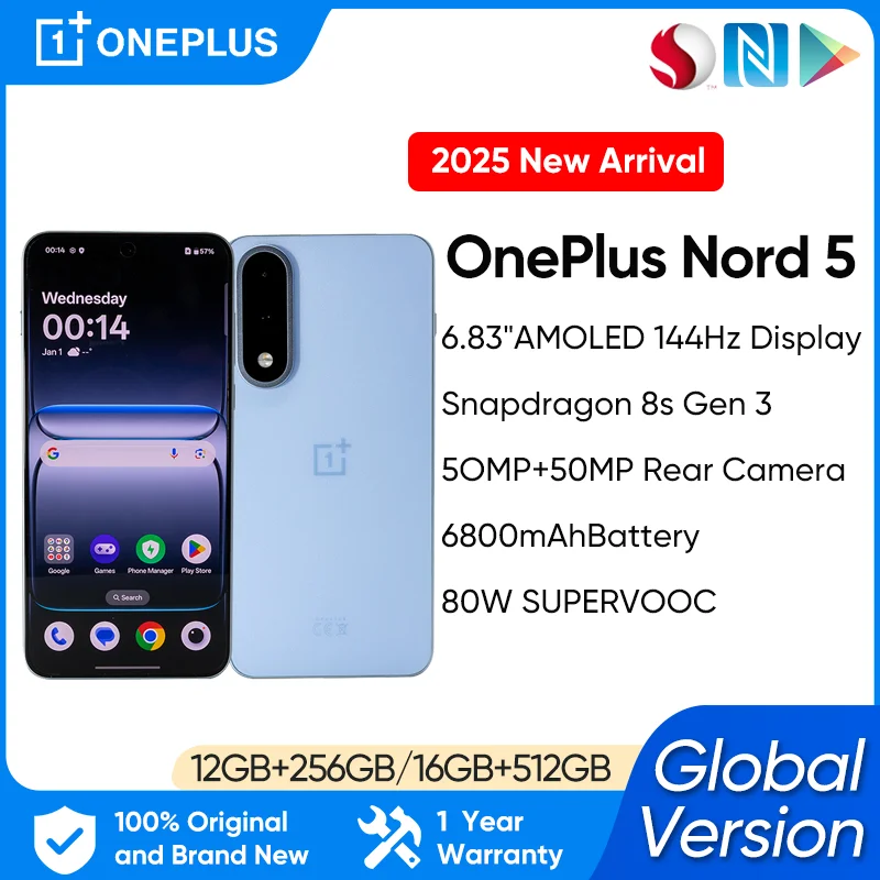 Version mondiale OnePlus Nord 5 Smartphone android Snapdragon 8s Gen 3 1.5K AMOLED affichage 50MP LYT-700 camra OxygenOS 15