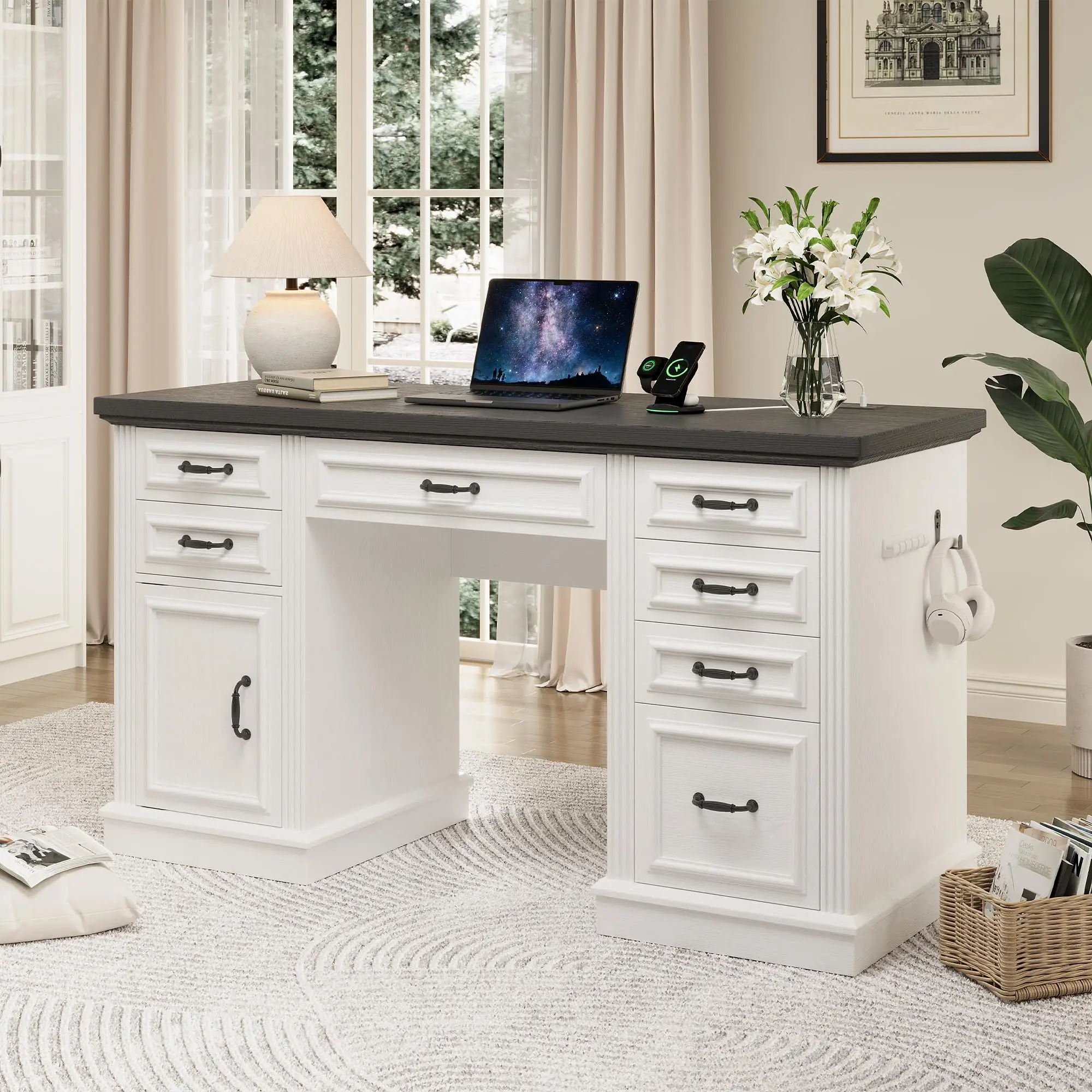 

White Farmhouse-Style 57 Inch Executive Desk Featuring 7 Storage Drawers, File Cabinet, Integrated Charging Port, And Headphone