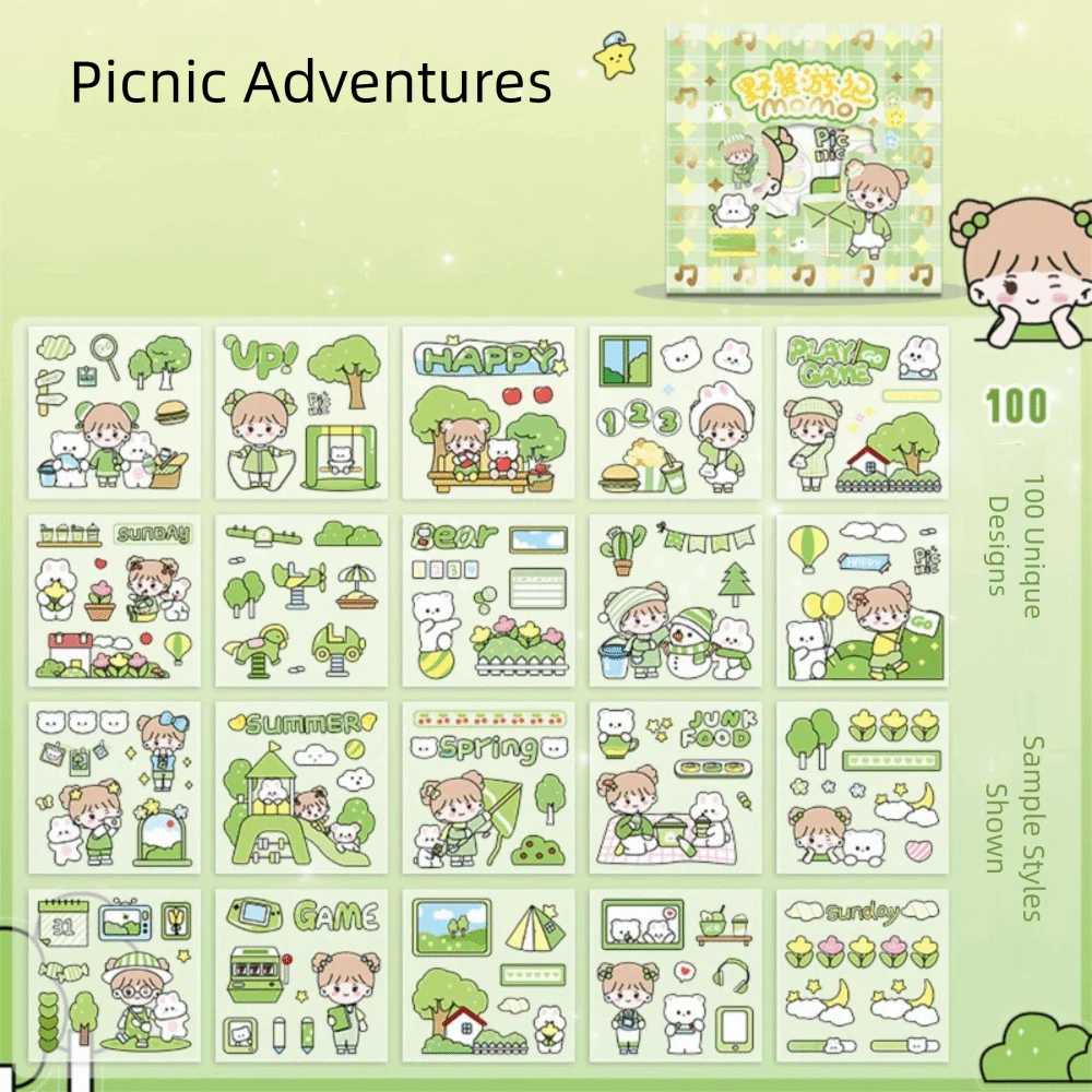 

100 листов милые наклейки с героями мультфильмов, водонепроницаемые канцелярские принадлежности, наклейка для ручной книги, прозрачные милые узоры, наклейки «сделай сам»