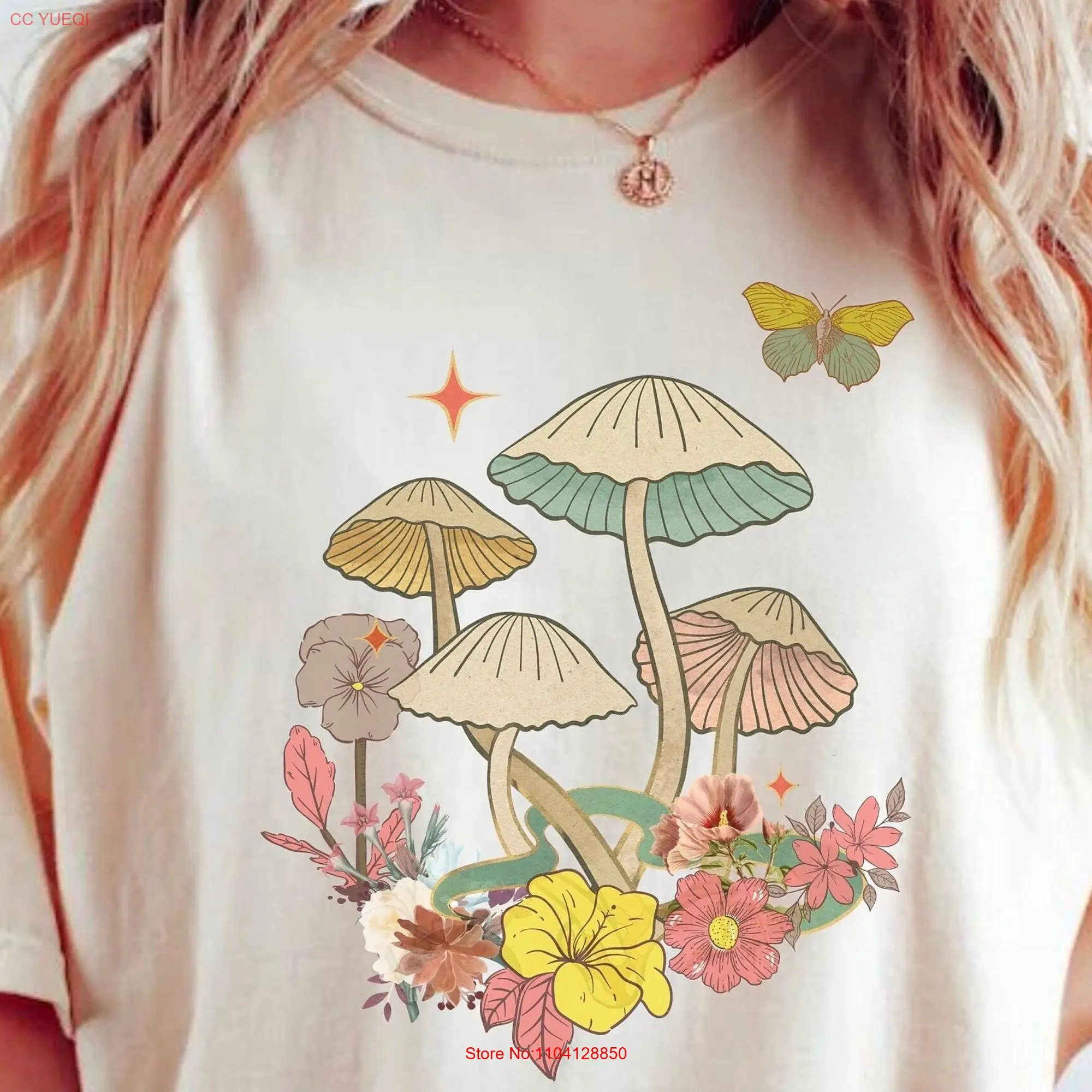 Vintage Toadstool T Shirt Cottagecore Mushroom Boho Light Academia Clothing floral long or short sleeves