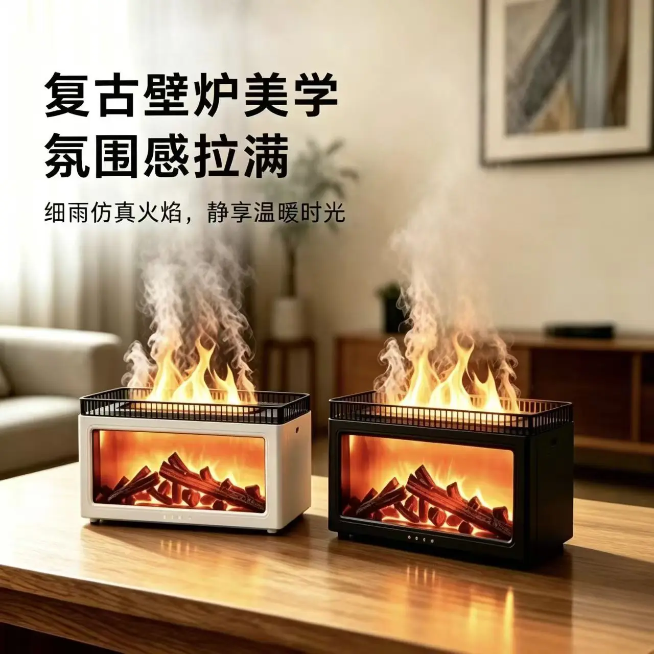 Retro Fireplace Aroma Diffuser USB Simulated Firewood Bedroom Desktop Big Mist Air Humidifier with Fake Flames for Home Use