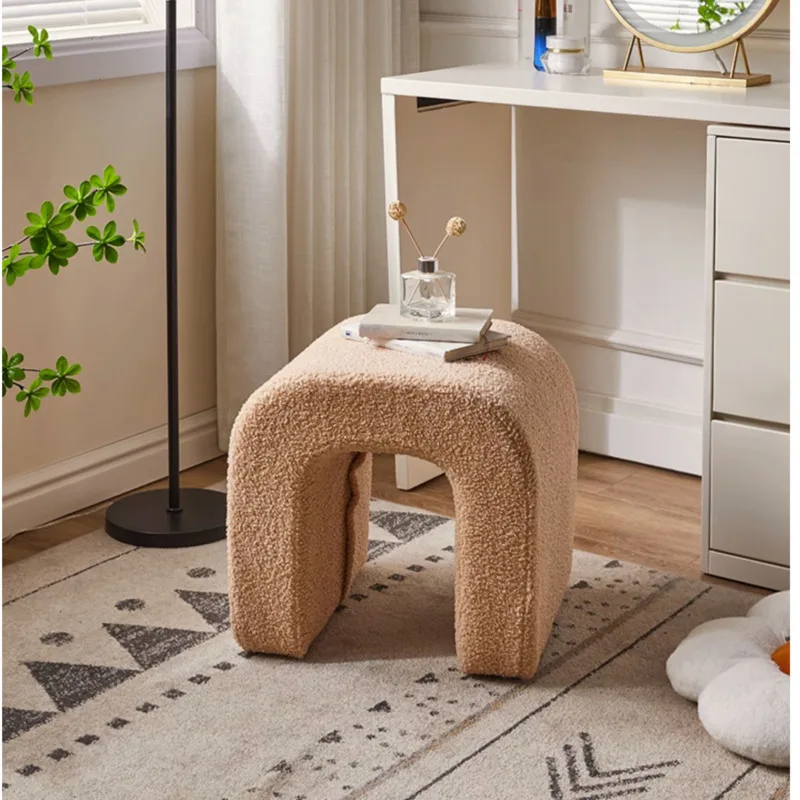 Plush Lamb Wool Vanity Stool Bedroom Makeup Seat Living Area Footrest Solid Wood Shoe Bench U-shaped Manicure Stool