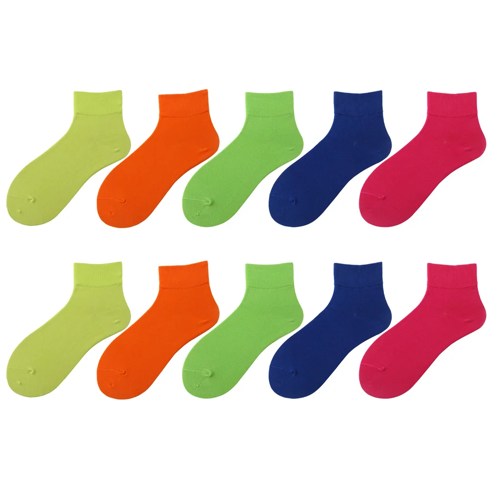 

5 пар коротких женских носков, хлопковые удобные прочные кроссовки с неоновым воротником, яркие всесезонные однотонные женские носки