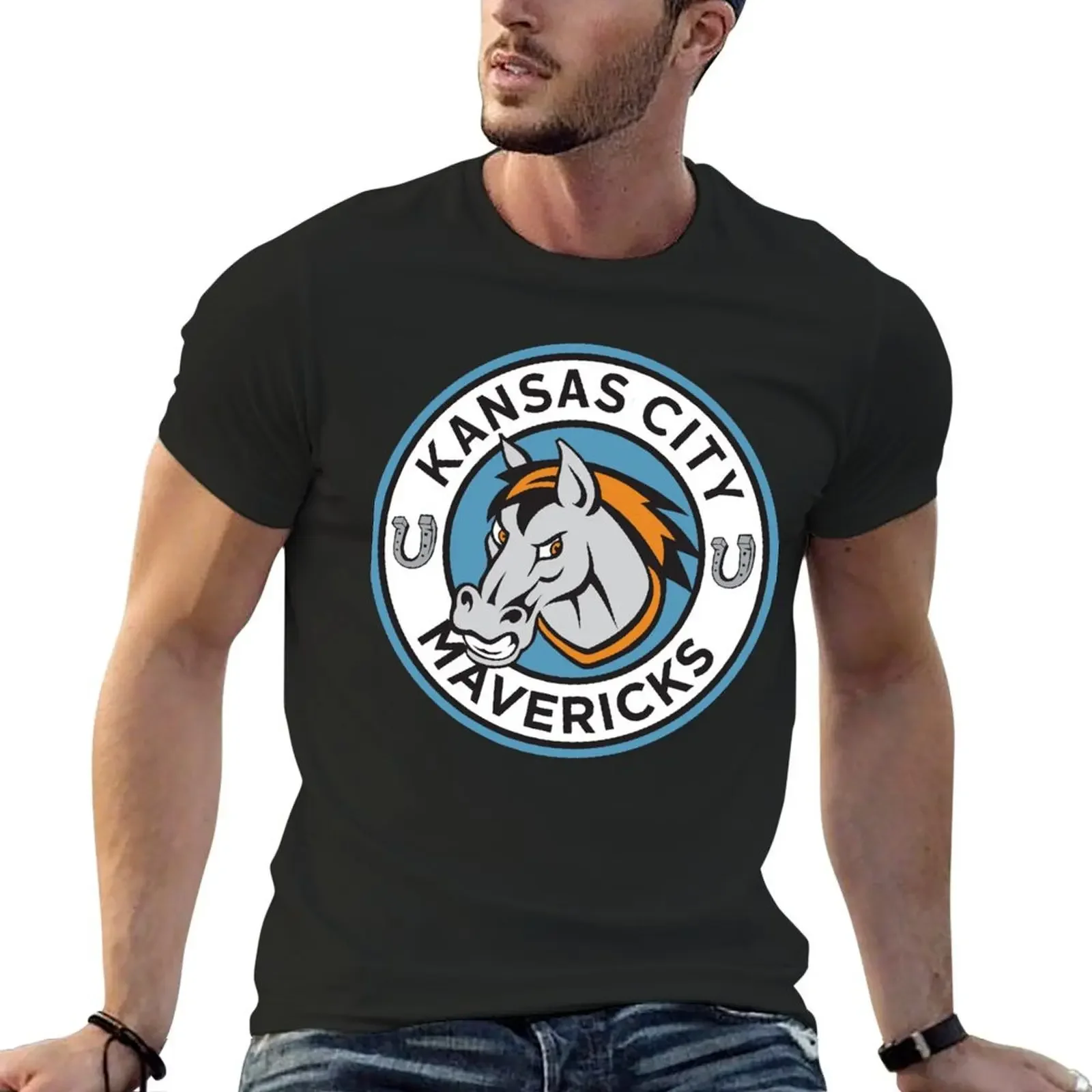 Футболка KANSAS CITY MAVERICKS, рубашки с графическим рисунком, одежда в стиле хиппи, корейские модные черные футболки для мужчин