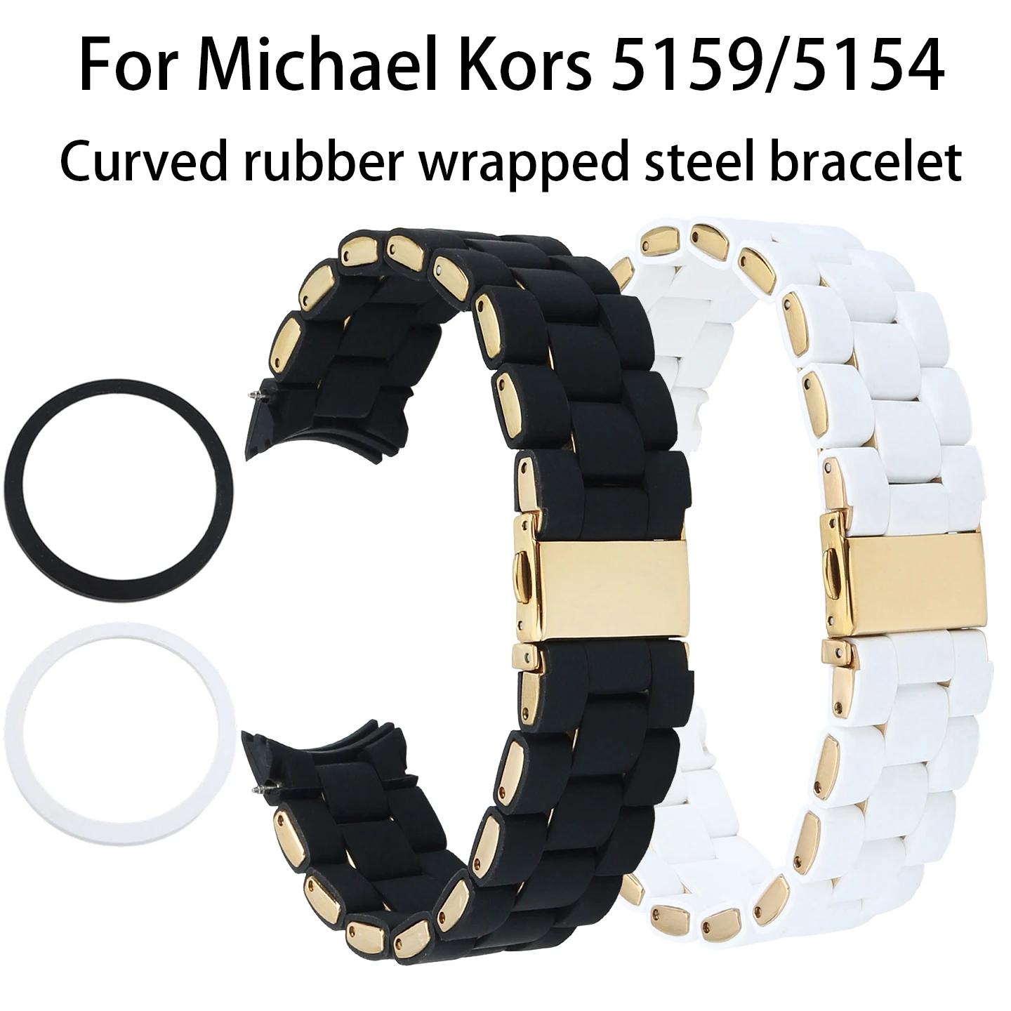 Men Women 20mm Curved Design Rubber Steel Watch Strap + steel bezel Black White Fashion Bracelet for Michael Kors MK5154 MK5159