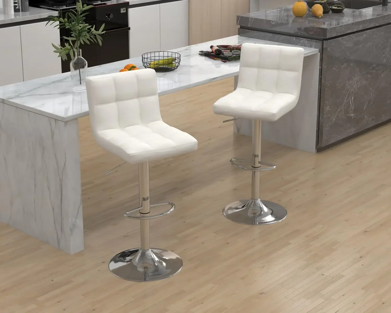 Modern Counter Height Bar Stools Set of 2, Armless Adjustable Swivel Square Bar Chairs Kitchen Barstools with PU Leather and Lar