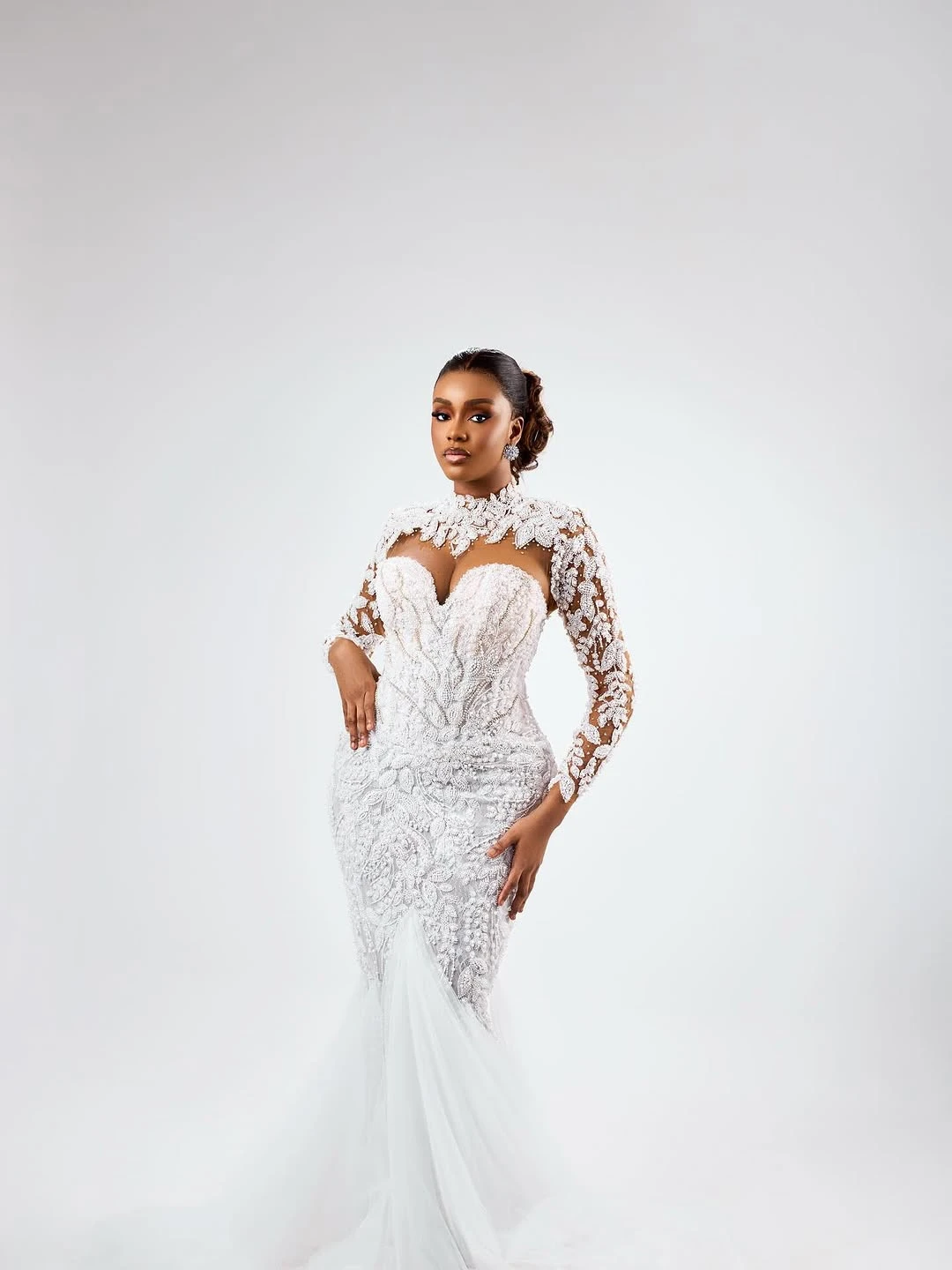 ファッションマーメイドウェディングドレスアップリケビーズブライダルガウンハイカラー長袖スイープトレインドレスカスタムメイドvestidos