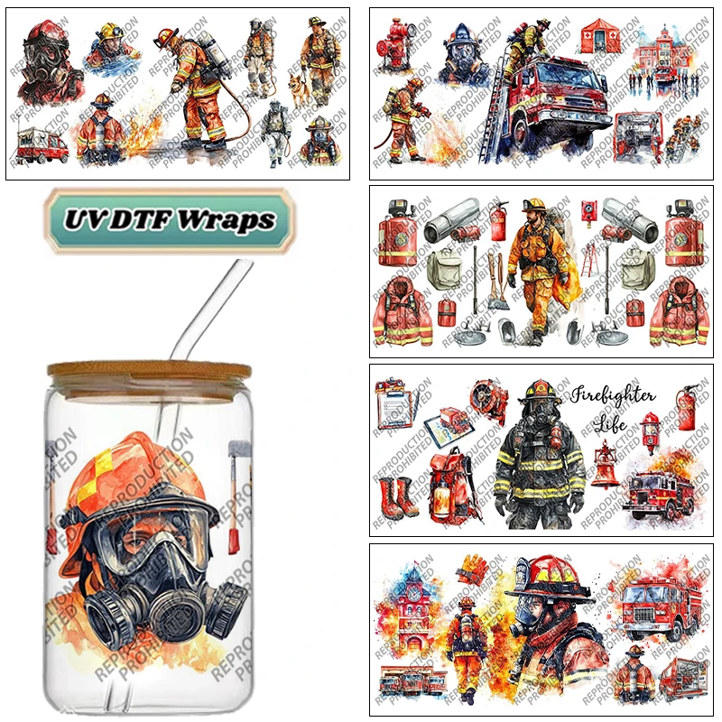 Hero Firefighter Fire Truck Cartoon UV DTF Transfer Sticker for 16oz Glass Cup Wrap Permanent Waterproof Self-adhesive Sticker