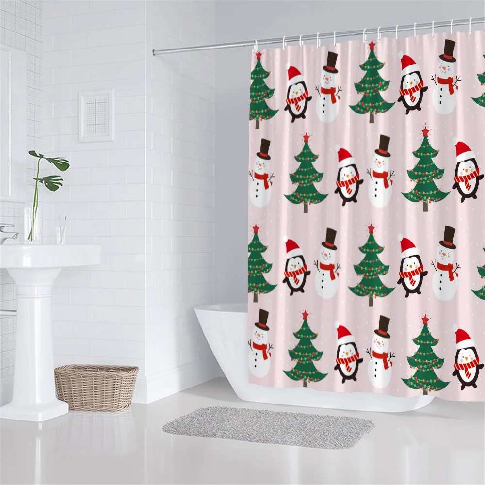 Christmas Shower Curtain Xmas Trees Snowflake Winter New Year Bath Curtains Polyester Fabric Home Bathroom Decoration With Hooks