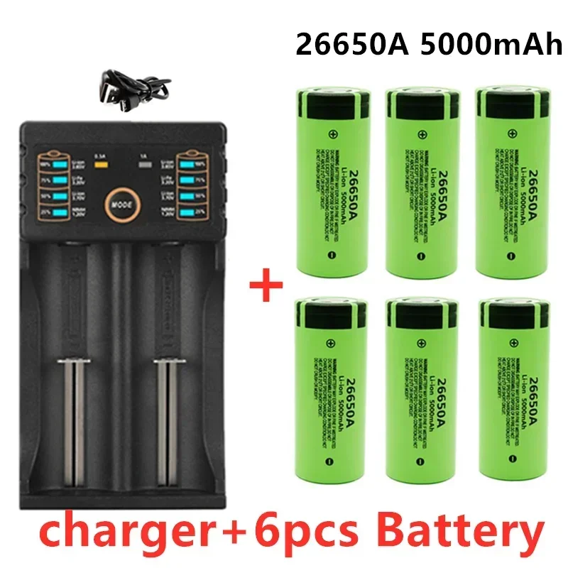 

New Original high quality 26650 battery 5000mAh 3.7V 50A lithium ion rechargeable for 26650A LED flashlight+charger