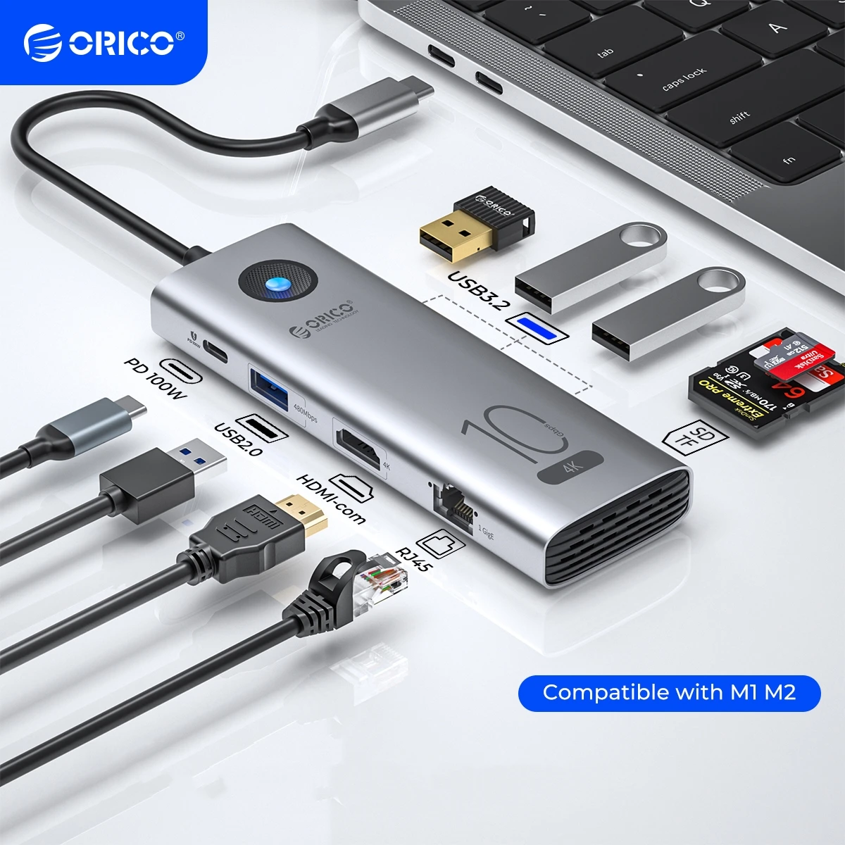 ORICO-10Gbps 타입 C 도킹 스테이션 4K60Hz HDMI 호환 usb 2.0 허브, RJ45 PD100W 어댑터 카드 리더, 노트북 액세서리