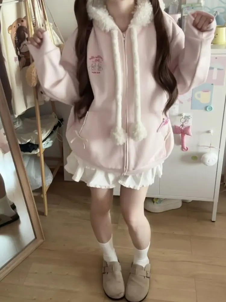 Vintage Kawaii à manches longues manteau ample avec capuche femmes japonais mignon fermeture éclair sweats femme décontracté Y2k veste pardessus Chic