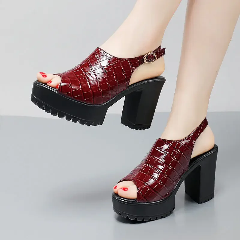 Small Size 32-43 Elegant  Block High Heels Sandals Patent Leather Shoes Summer 2024 Thick Platform Sandals Women Office Model