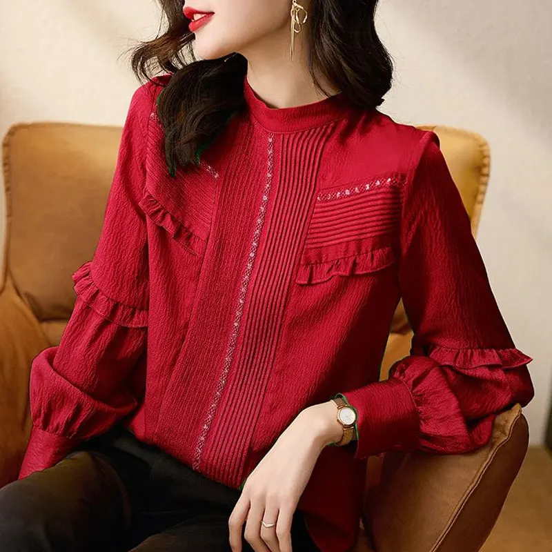 

Women's Clothing Casual Stand Collar Shirt Fashion Ruffles Spliced Spring Autumn Solid Color Basic Pleated Long Sleeve Blouse