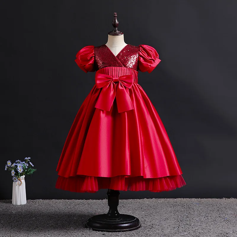 Vestidos de Boutique para niños, vestido de princesa de satén con lazo de lentejuelas para niñas, vestido de fiesta de graduación y boda, ropa nueva para niñas