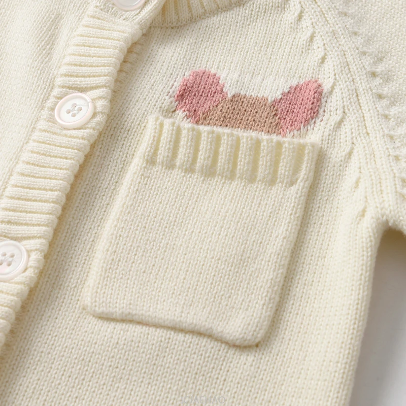 

2025 Children New Baby Girl Long Sleeve Apricot Knit Romper Outfits Matching Autumn Winter Costumes White Pocket Kids Cotton