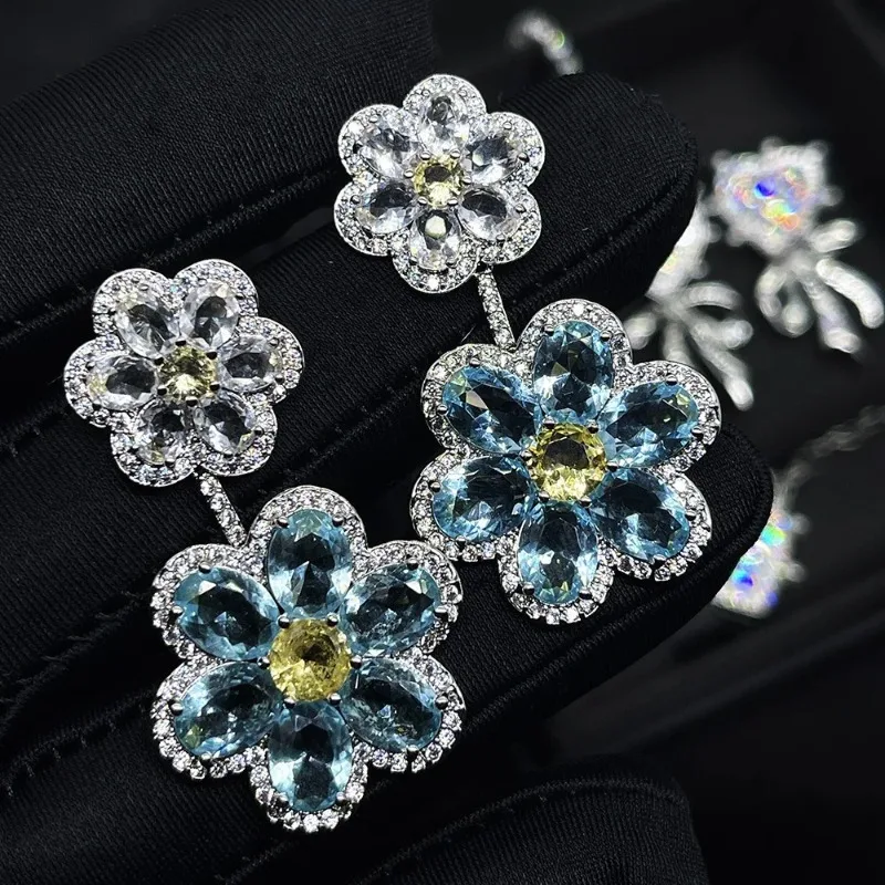 New in Sea Blue Diamond Double Flower Exquisite Luxury Earrings Creative Burst Ice Flower Yellow Diamond Earrings Party Gift