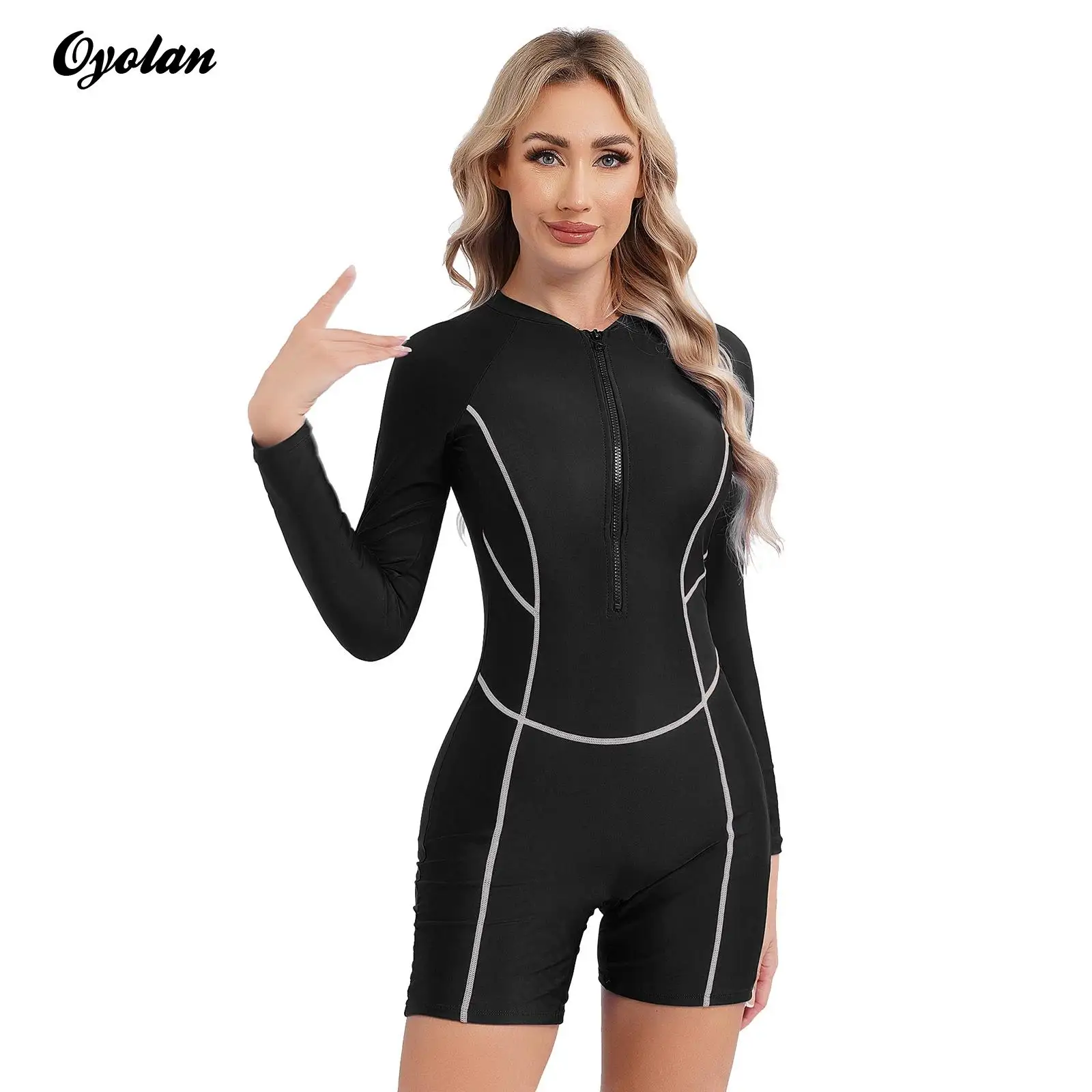 

Womens Boyleg Athletic Swimwear One-piece Rash Guard Swimsuit Long Sleeve Padded Front Zipper Swimsuit Pool Beach Bathing Suit