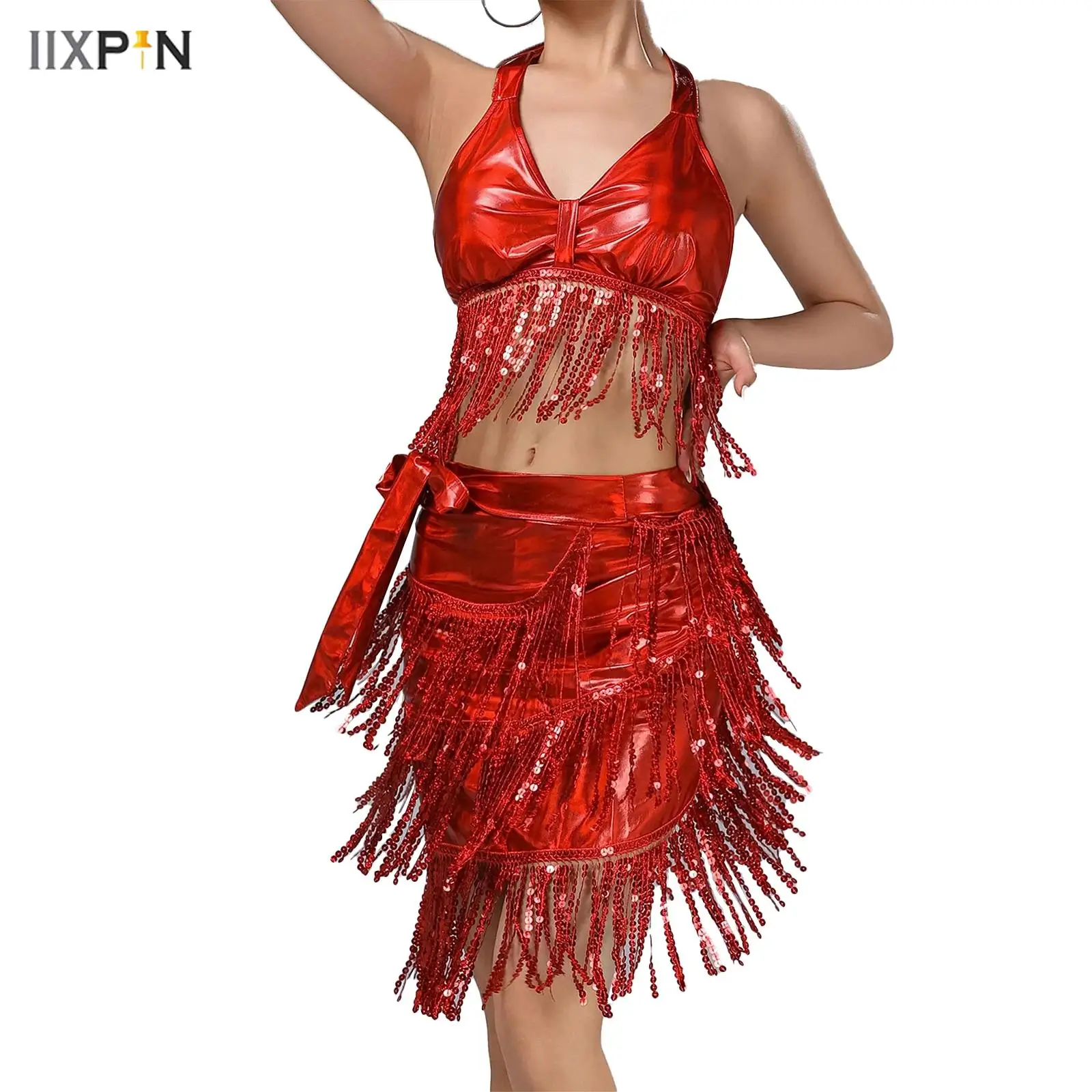 

Womens Sequin Tassel Belly Dance Outfit V Neck Crop Top and Tiered Fringe Lace-up One-piece Skirt for Latin Chacha Ballroom