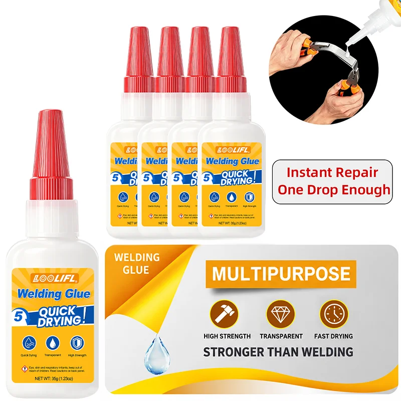 Loolifl Welding Glue, High-Strength Instant Super Glue, Multi-Purpose Quick-Drying Transparent Adhesive, Stronger Than Welding, One Drop Can Repair Metal, Plastic, Ceramic, Wood, Glass, Rubber, Universal Repair Adhesive for Home and Industrial Use